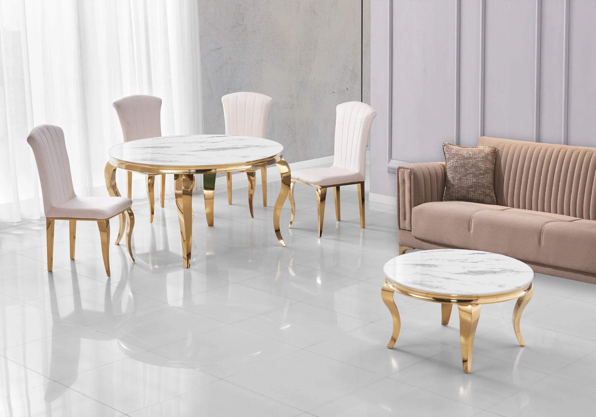 Ensemble salle à manger ronde marbre blanc et or – Galerie du Mobilier - Vue 1
