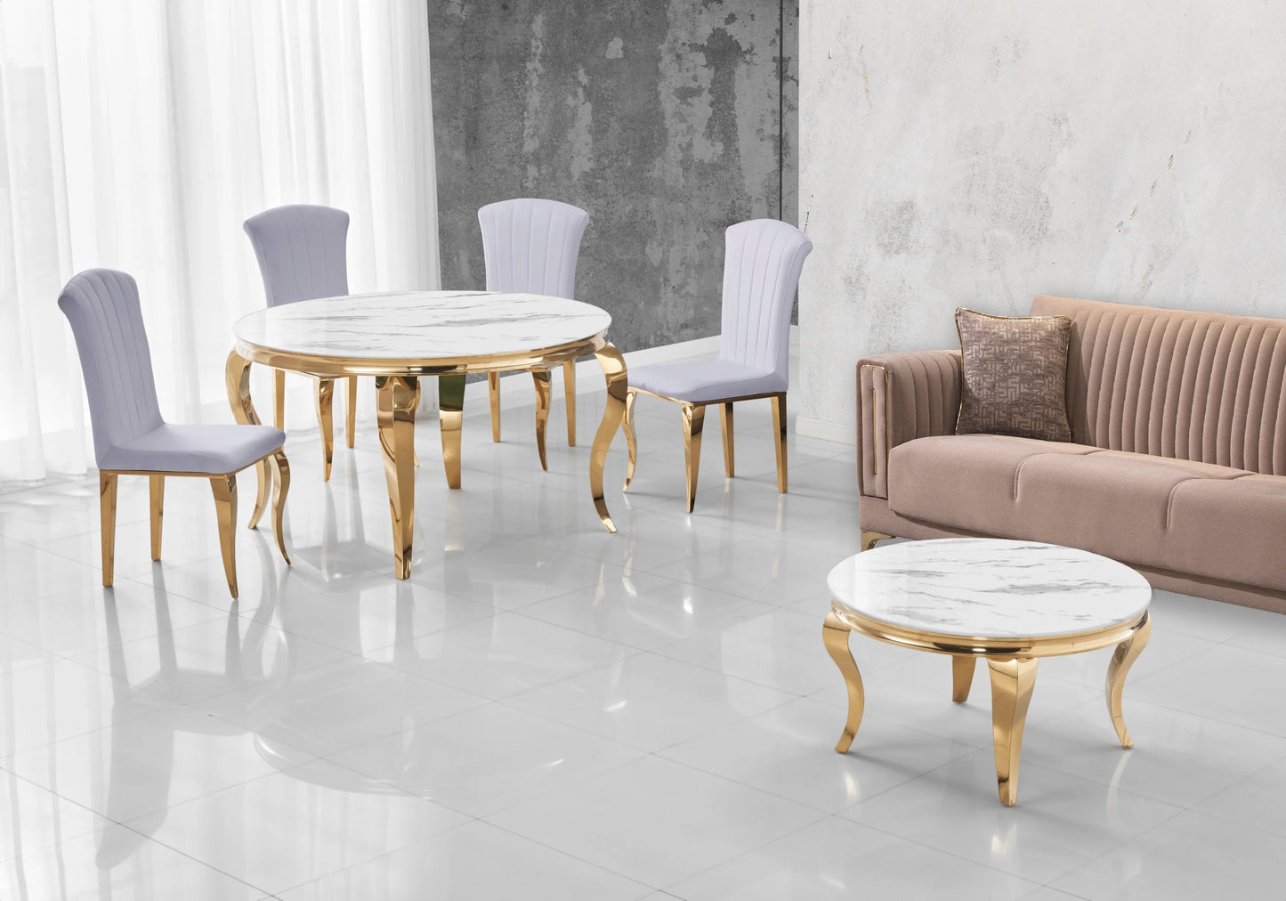 Ensemble salle à manger ronde marbre blanc et or – Galerie du Mobilier