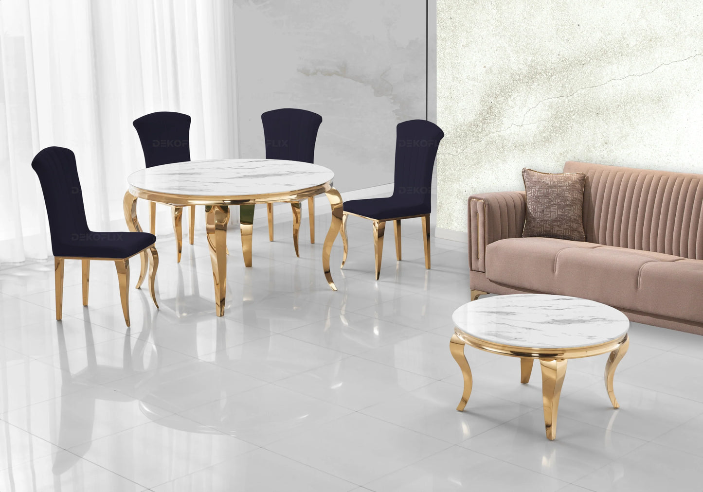 Ensemble salle à manger ronde marbre blanc et or – Galerie du Mobilier