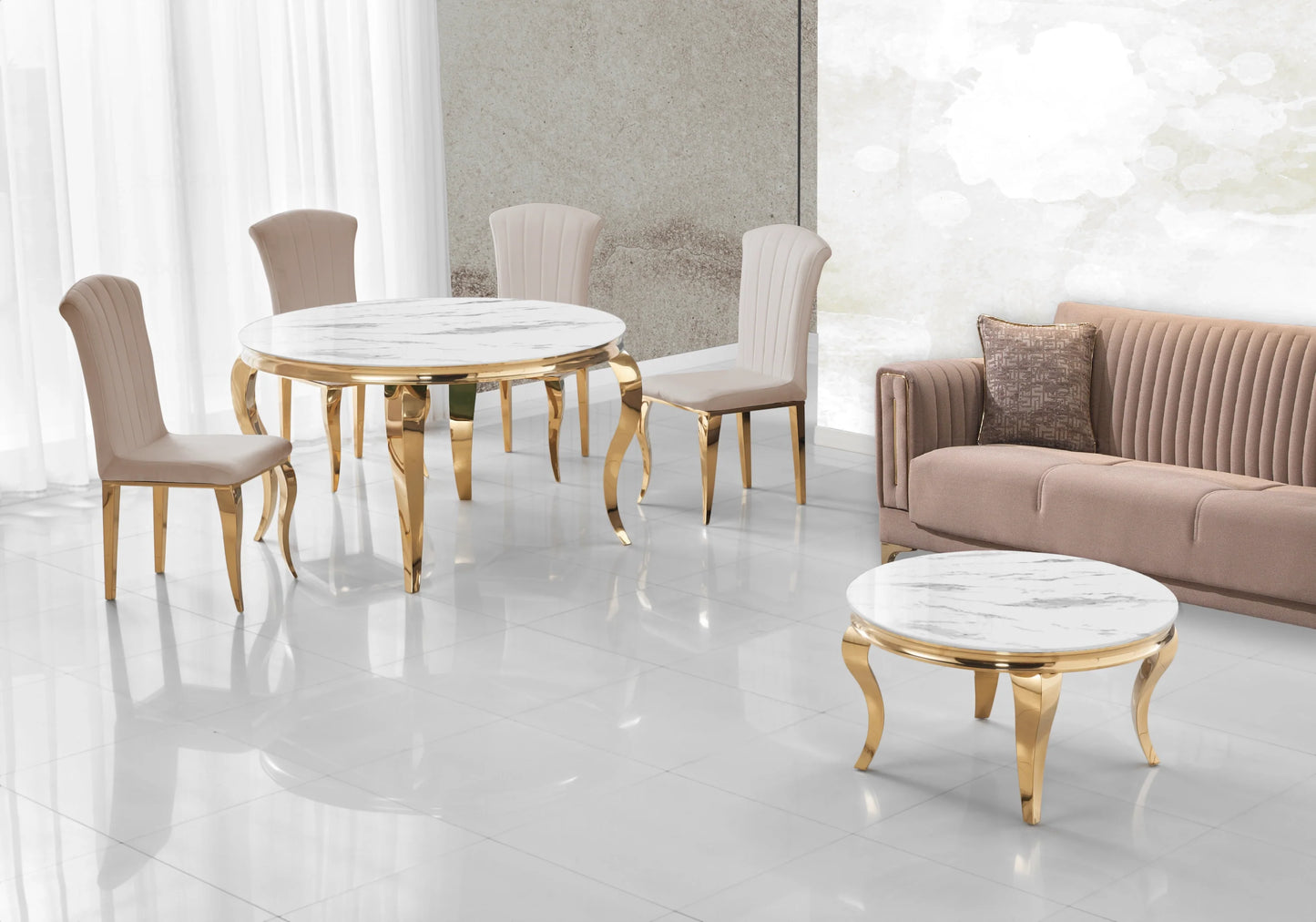 Ensemble salle à manger ronde marbre blanc et or – Galerie du Mobilier