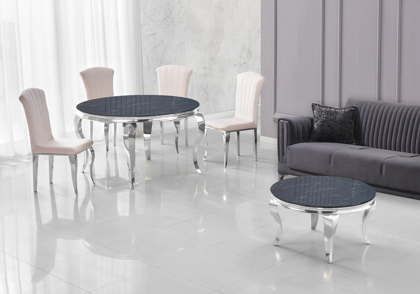 Salle à manger ronde marbre noir argent – Galerie du Mobilier - Vue 1
