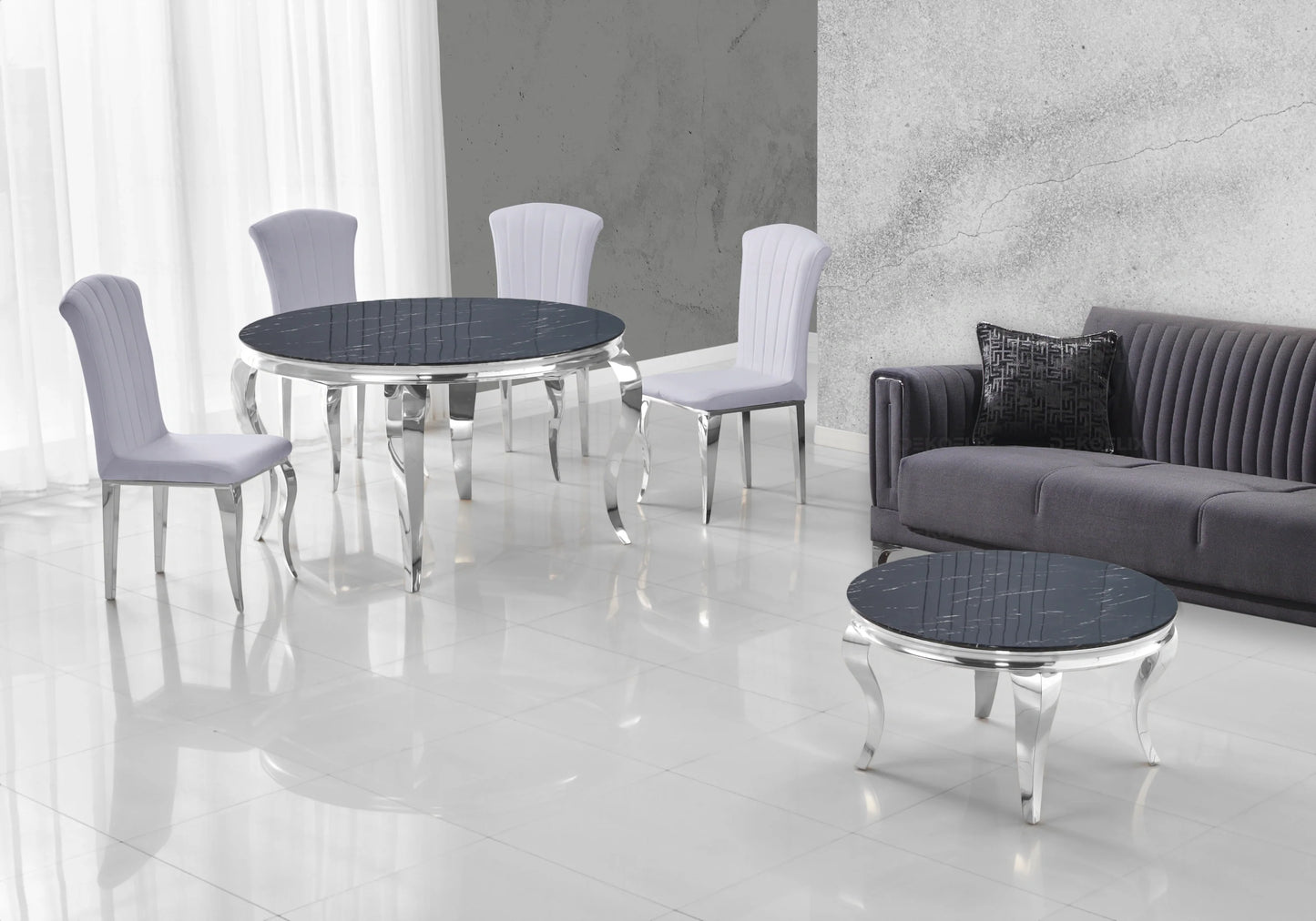 Salle à manger ronde marbre noir argent – Galerie du Mobilier