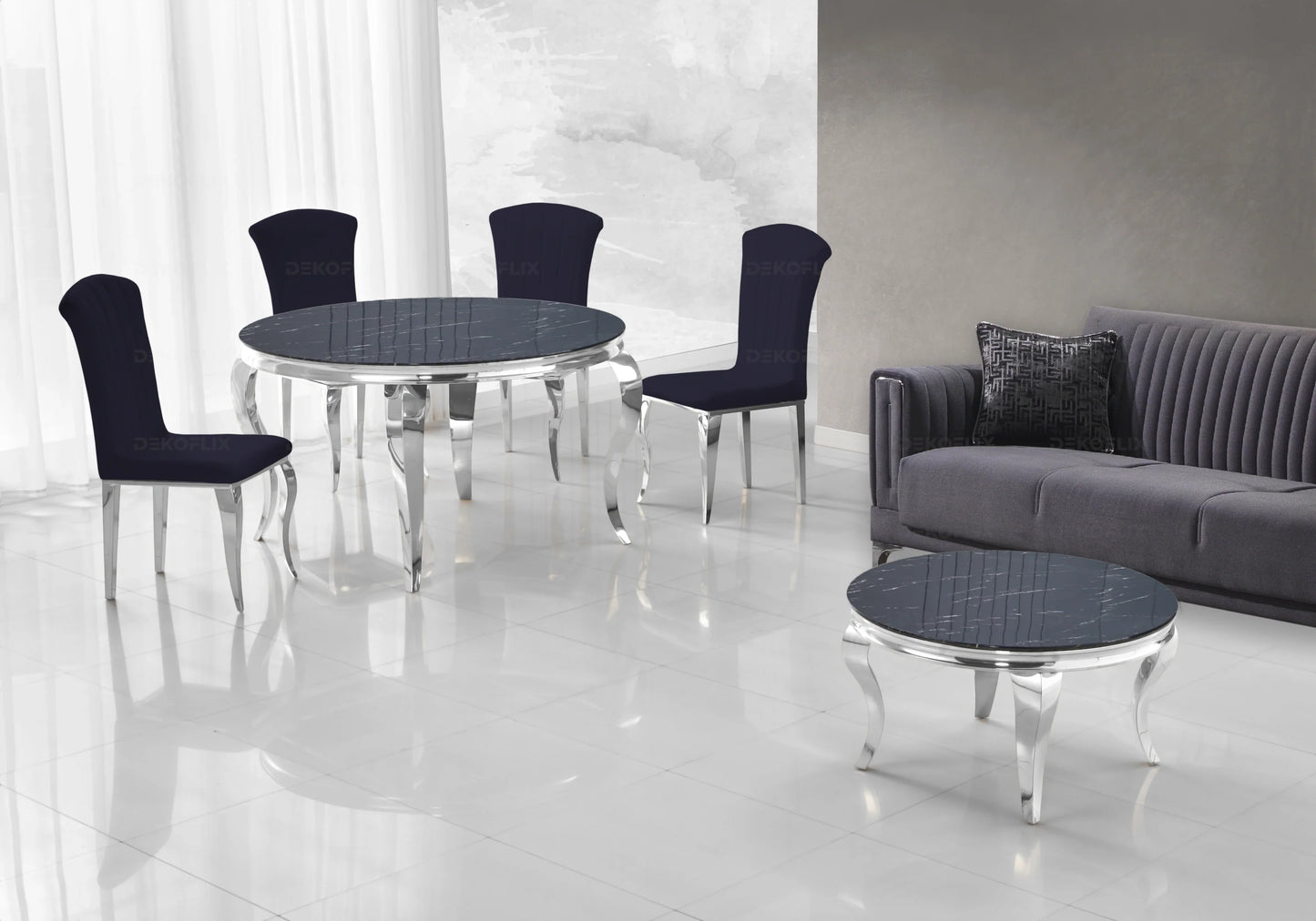 Salle à manger ronde marbre noir argent – Galerie du Mobilier