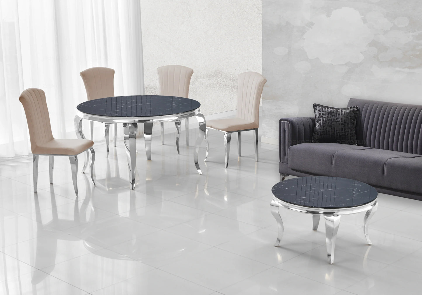 Salle à manger ronde marbre noir argent – Galerie du Mobilier