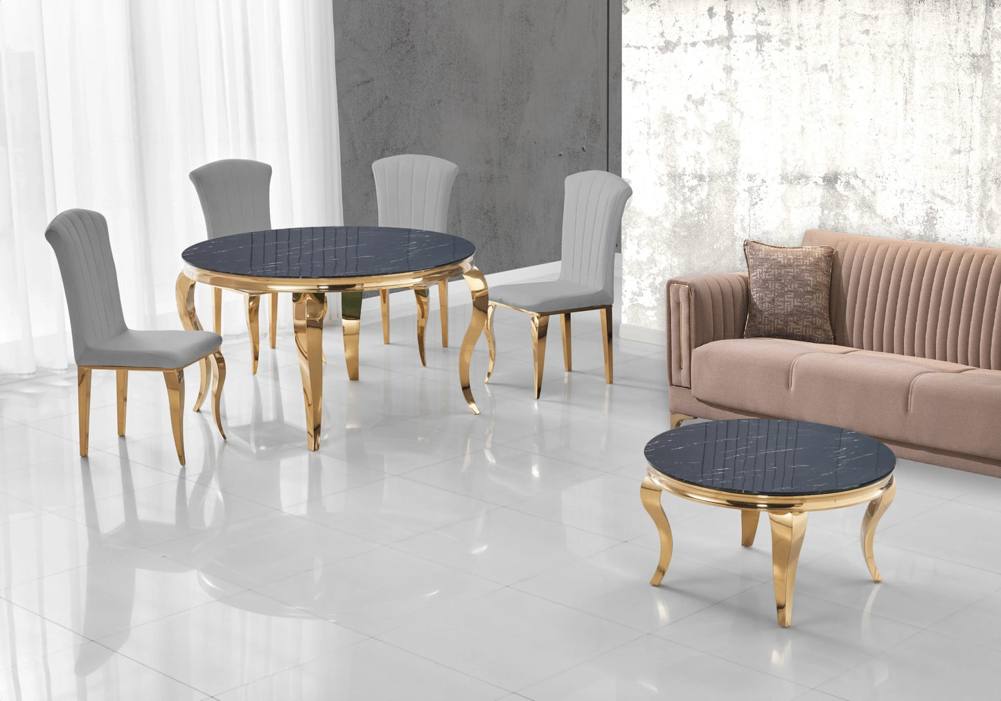 Ensemble salle à manger ronde marbre noir et or – Galerie du Mobilier
