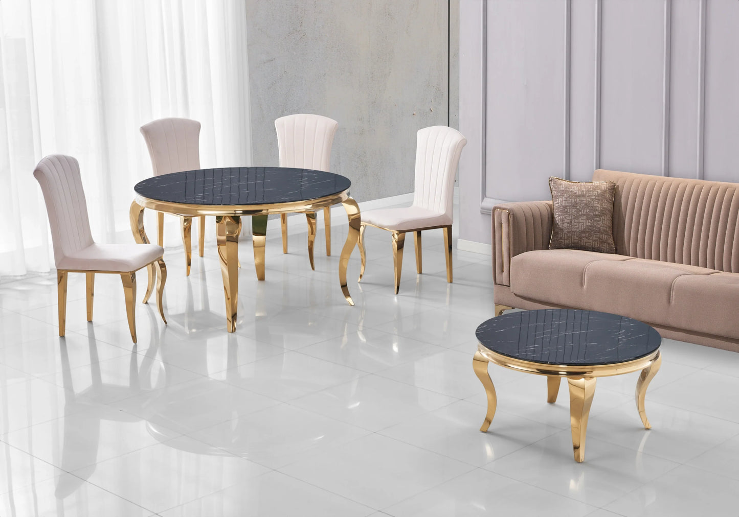 Ensemble salle à manger ronde marbre noir et or – Galerie du Mobilier