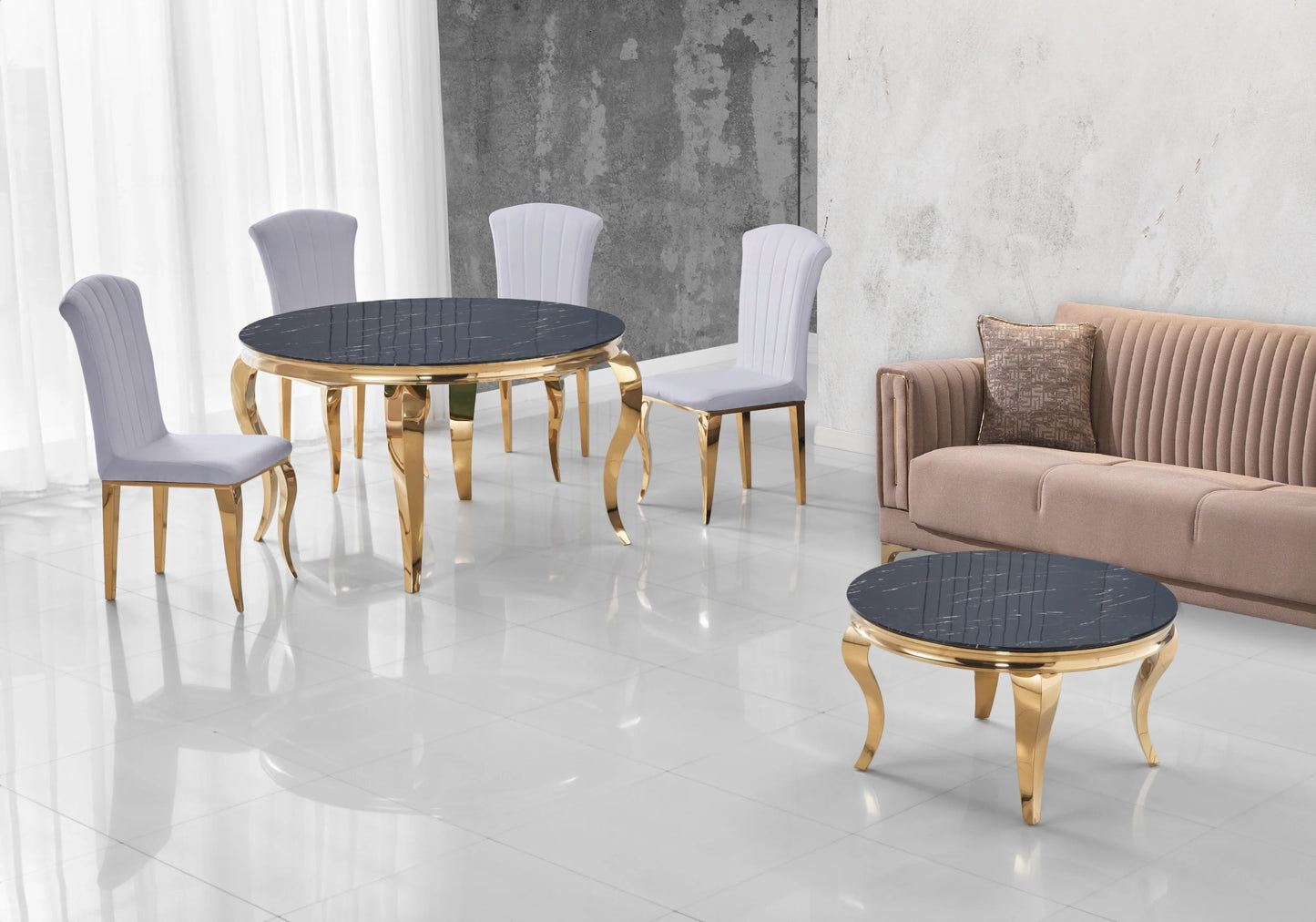 Ensemble salle à manger ronde marbre noir et or – Galerie du Mobilier