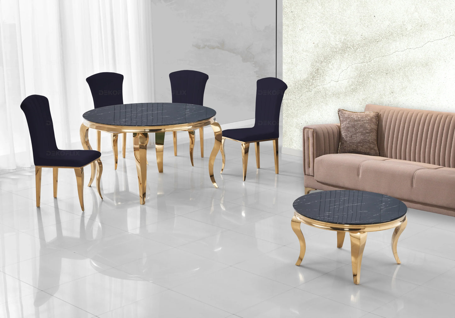 Ensemble salle à manger ronde marbre noir et or – Galerie du Mobilier - Vue 1