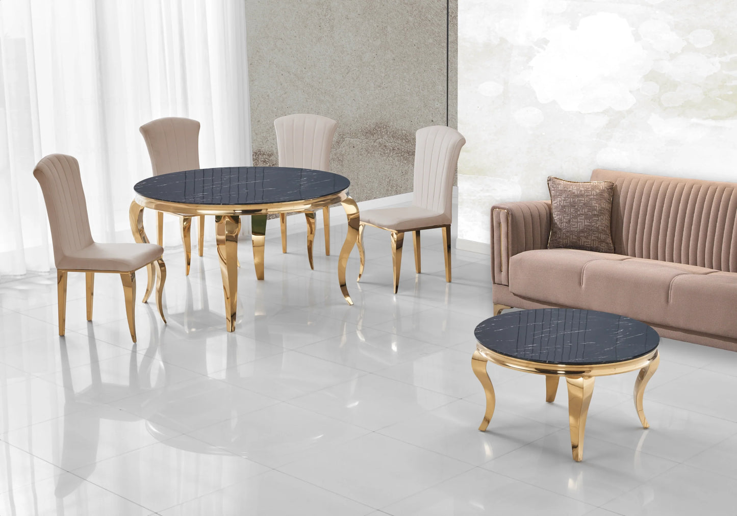 Ensemble salle à manger ronde marbre noir et or – Galerie du Mobilier
