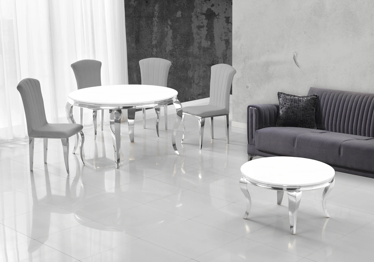 Salle à manger ronde verre blanc argent – Galerie du Mobilier