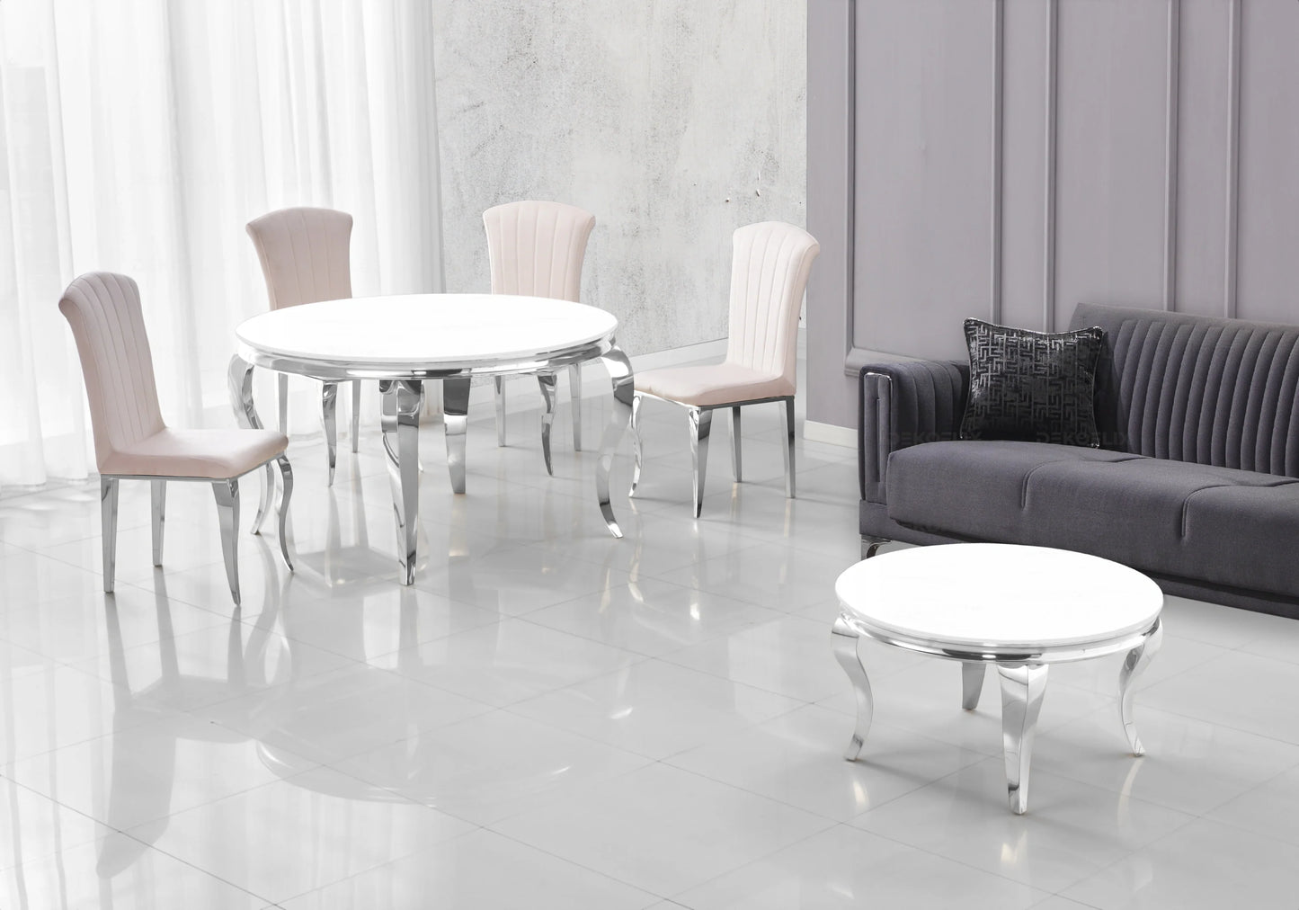 Salle à manger ronde verre blanc argent – Galerie du Mobilier - Vue 1