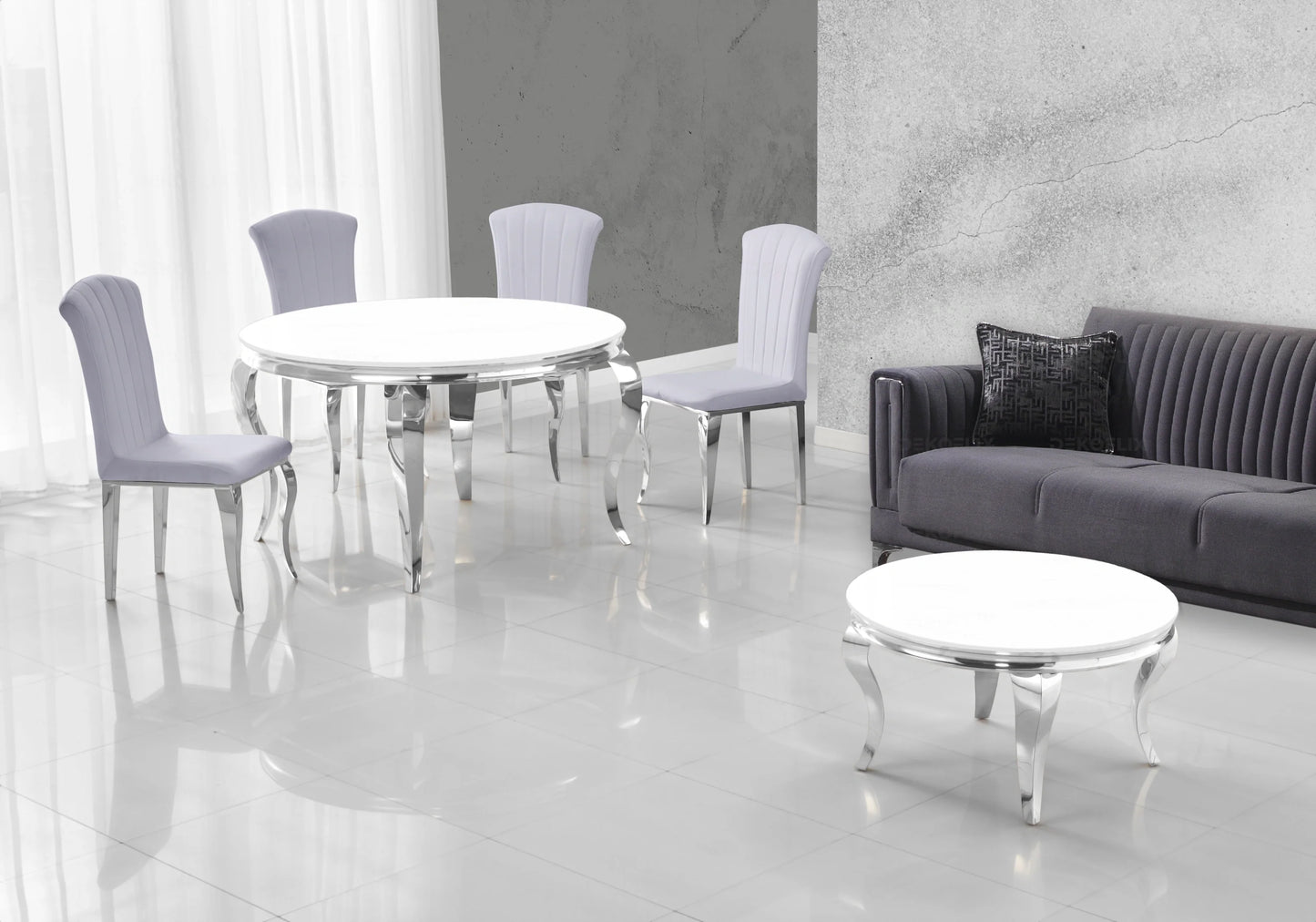 Salle à manger ronde verre blanc argent – Galerie du Mobilier