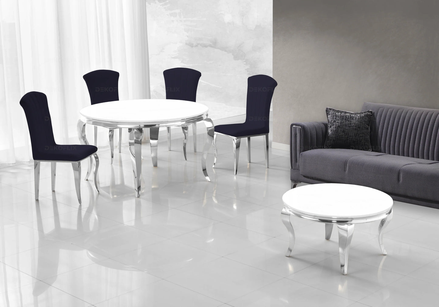 Salle à manger ronde verre blanc argent – Galerie du Mobilier