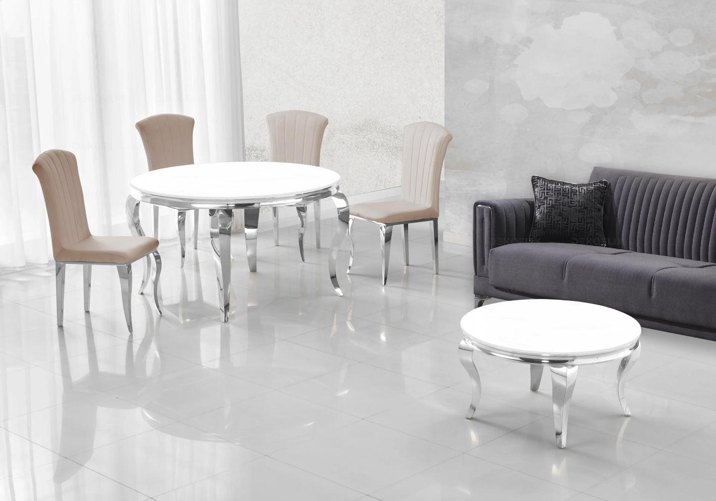 Salle à manger ronde verre blanc argent – Galerie du Mobilier