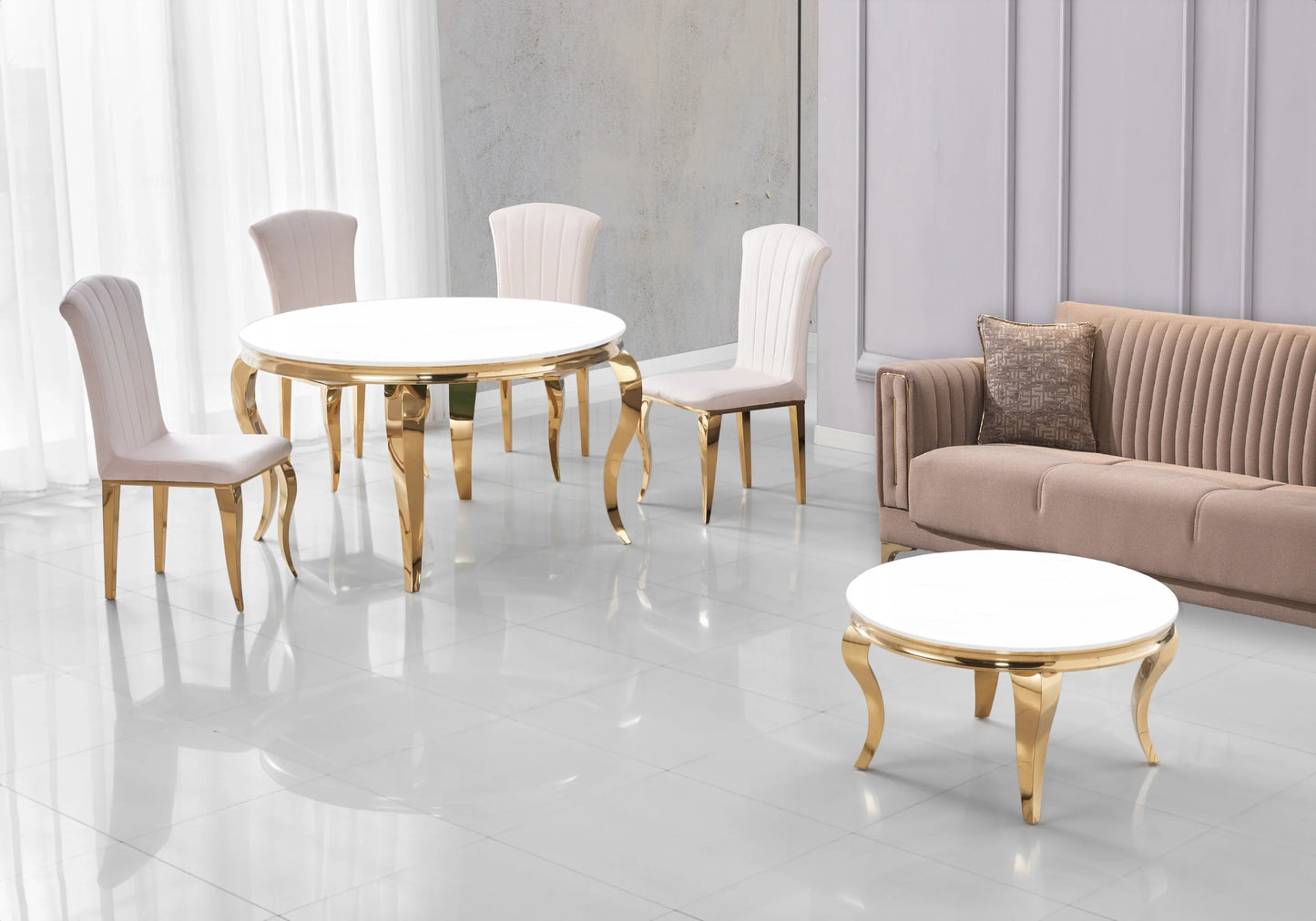 Ensemble salle à manger ronde verre blanc et or – Galerie du Mobilier