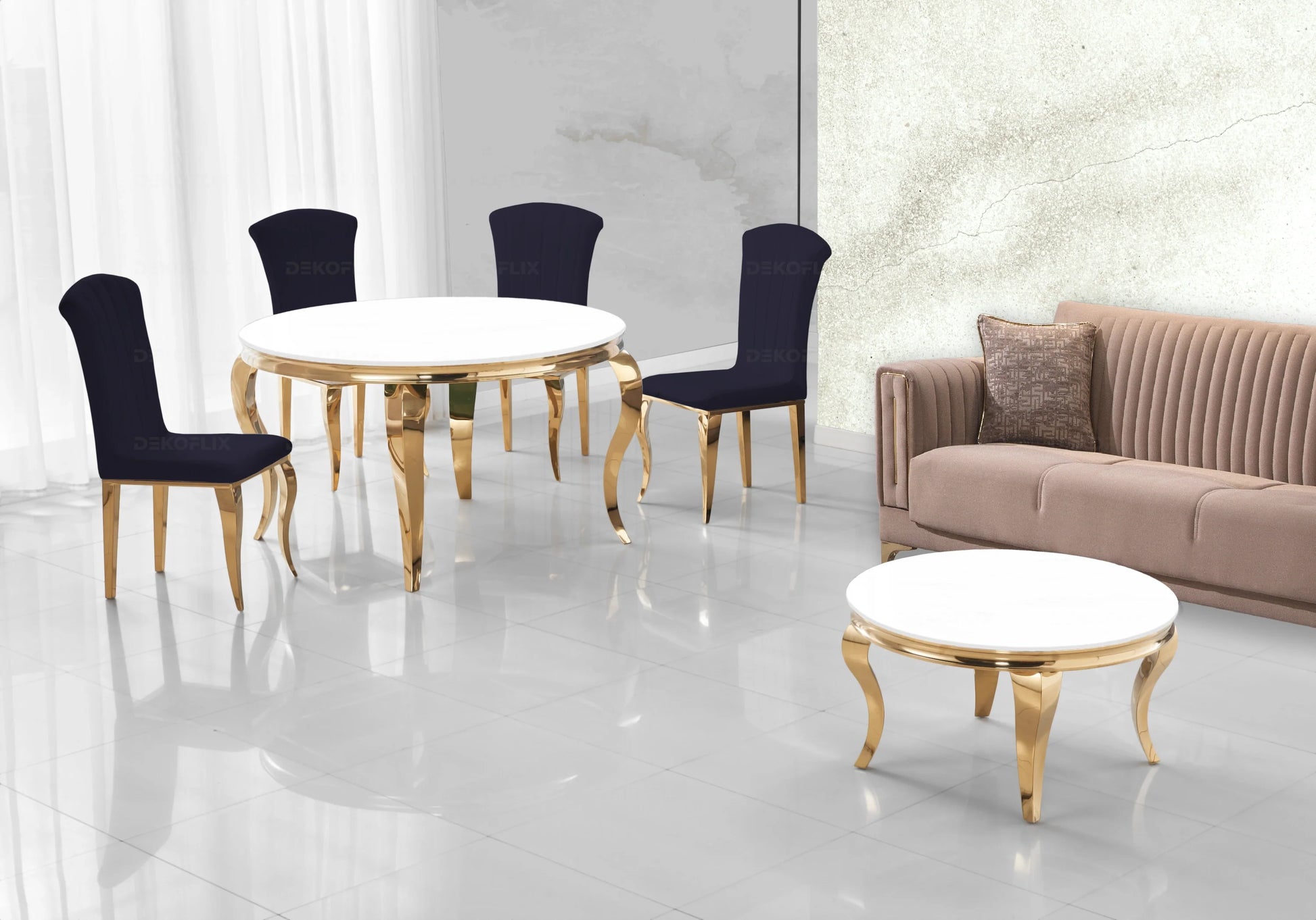 Ensemble salle à manger ronde verre blanc et or – Galerie du Mobilier - Vue 1