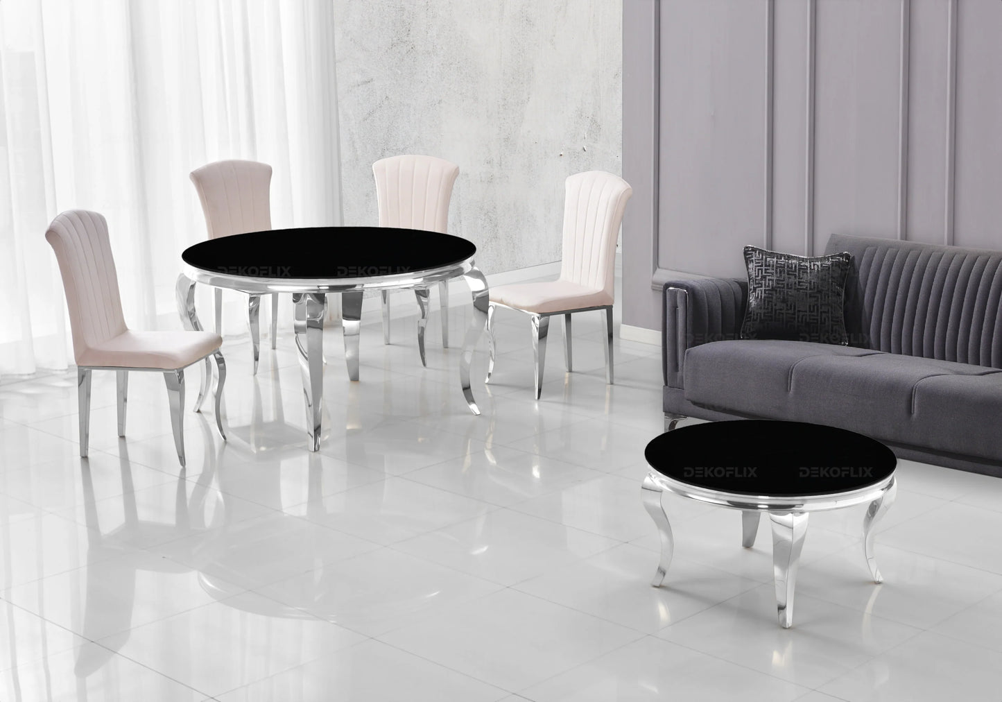 Salle à manger ronde verre noir argent – Galerie du Mobilier