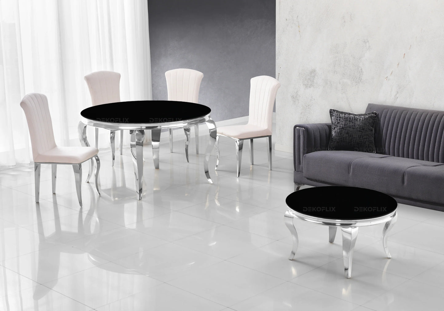 Salle à manger ronde verre noir argent – Galerie du Mobilier