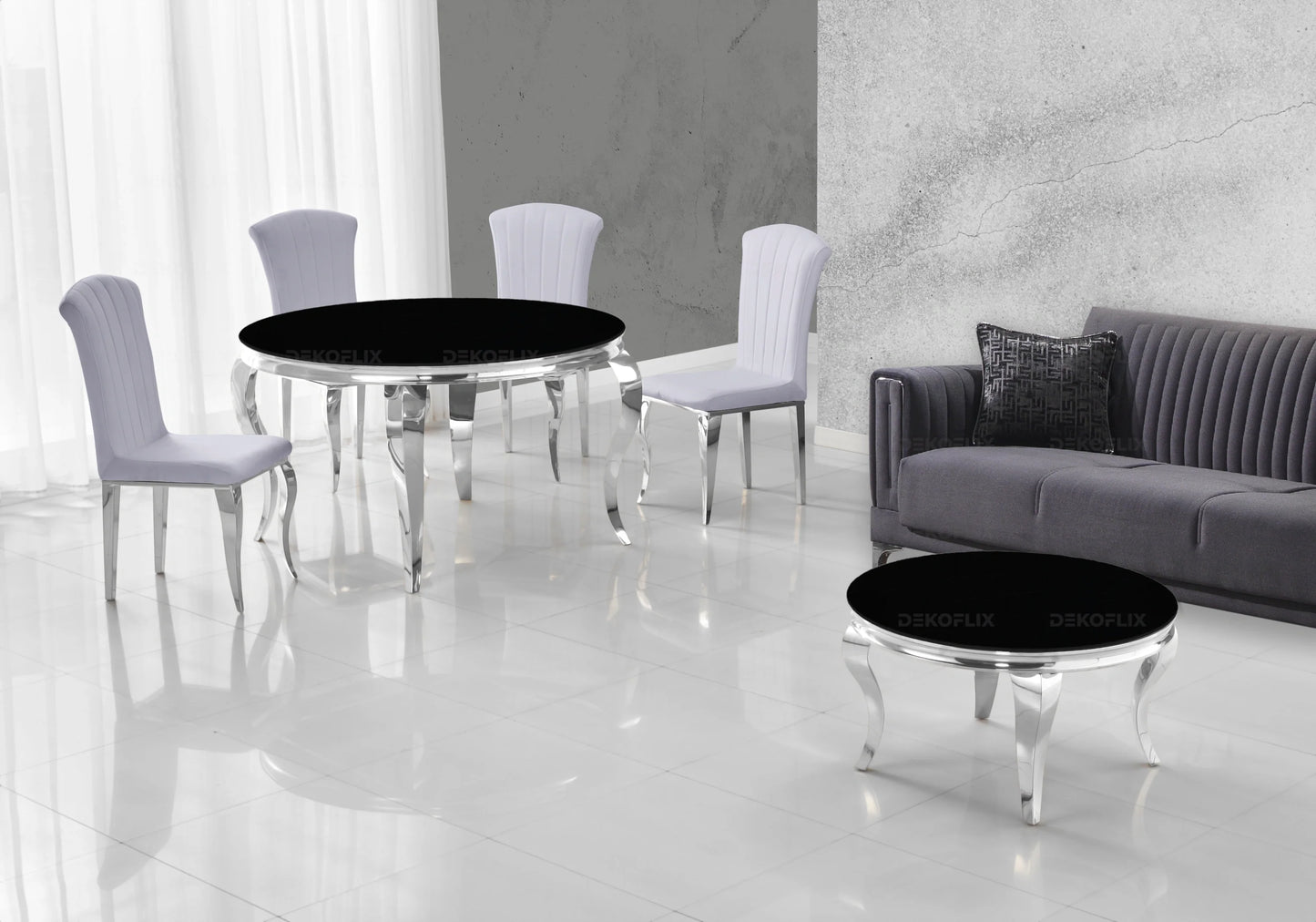 Salle à manger ronde verre noir argent – Galerie du Mobilier