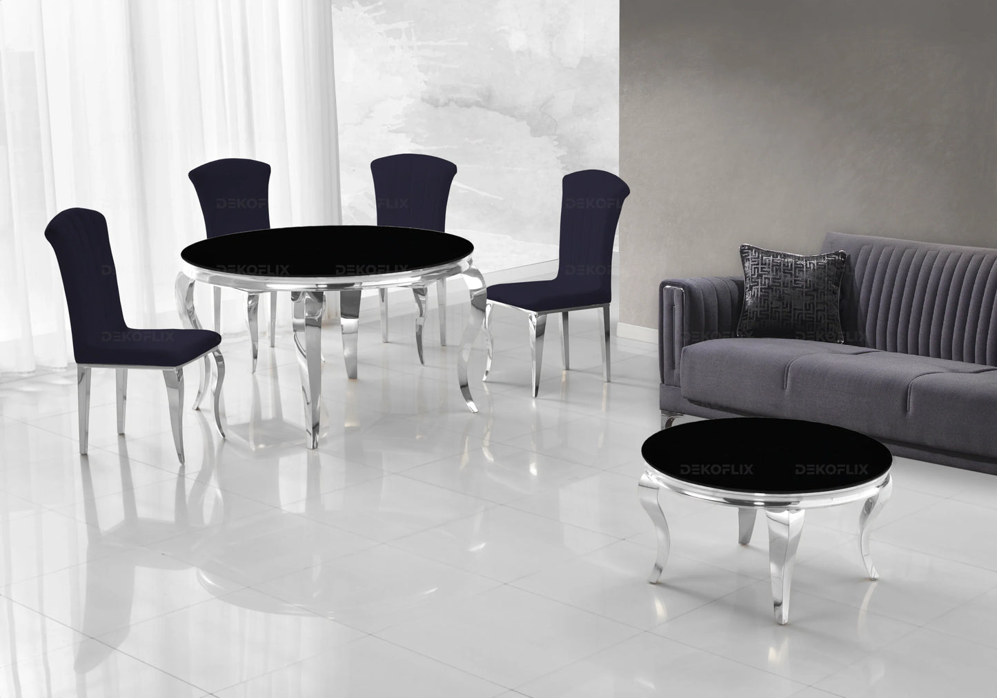 Salle à manger ronde verre noir argent – Galerie du Mobilier