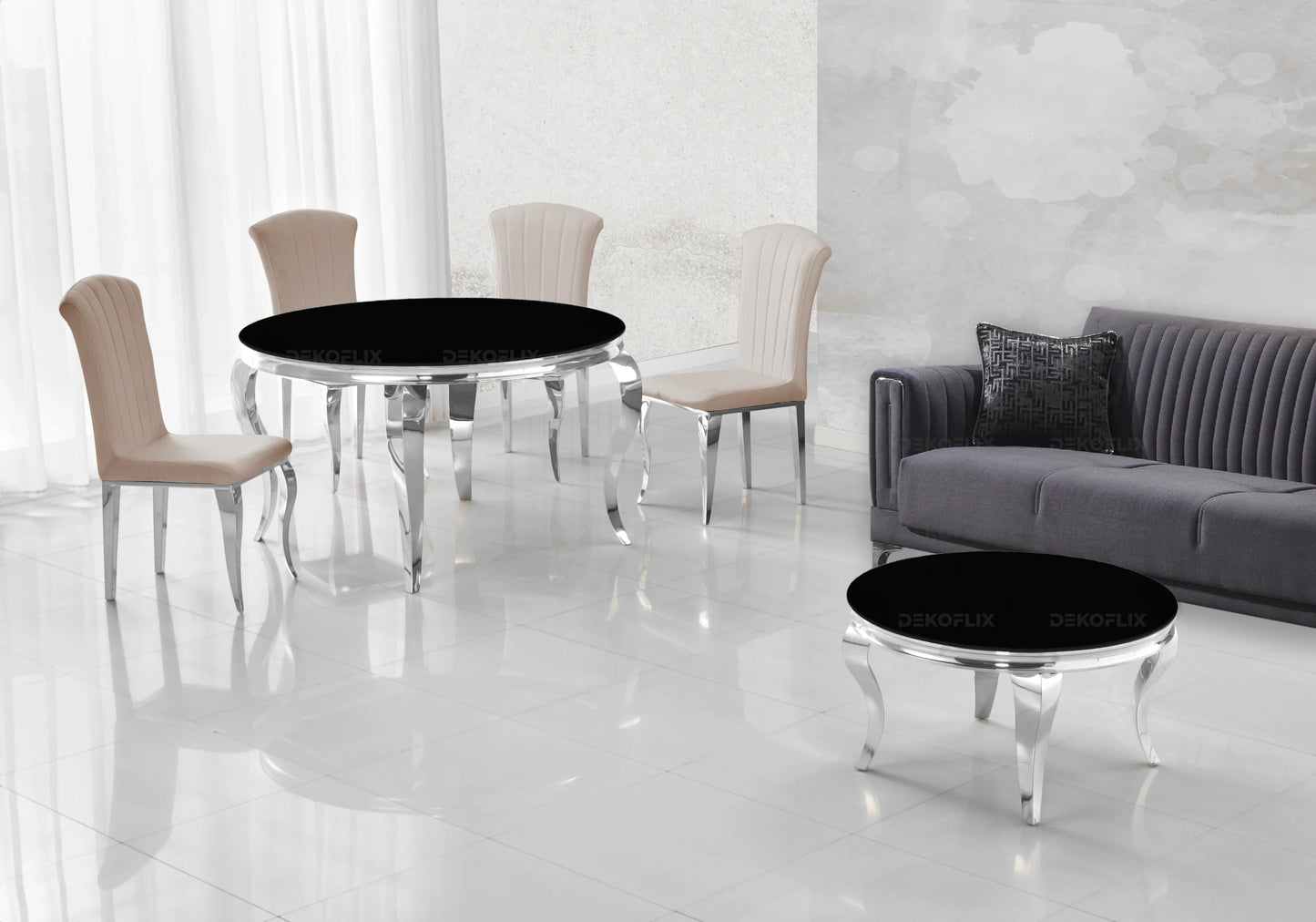 Salle à manger ronde verre noir argent – Galerie du Mobilier