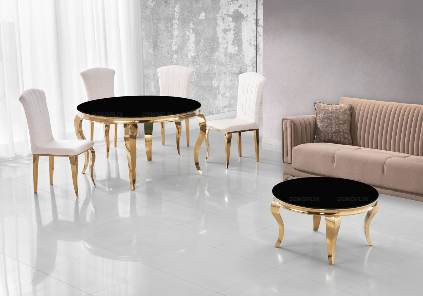 Ensemble salle à manger ronde verre noir et or – Galerie du Mobilier