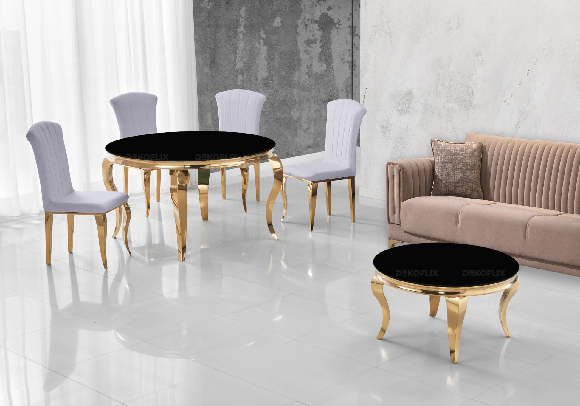Ensemble salle à manger ronde verre noir et or – Galerie du Mobilier - Vue 1