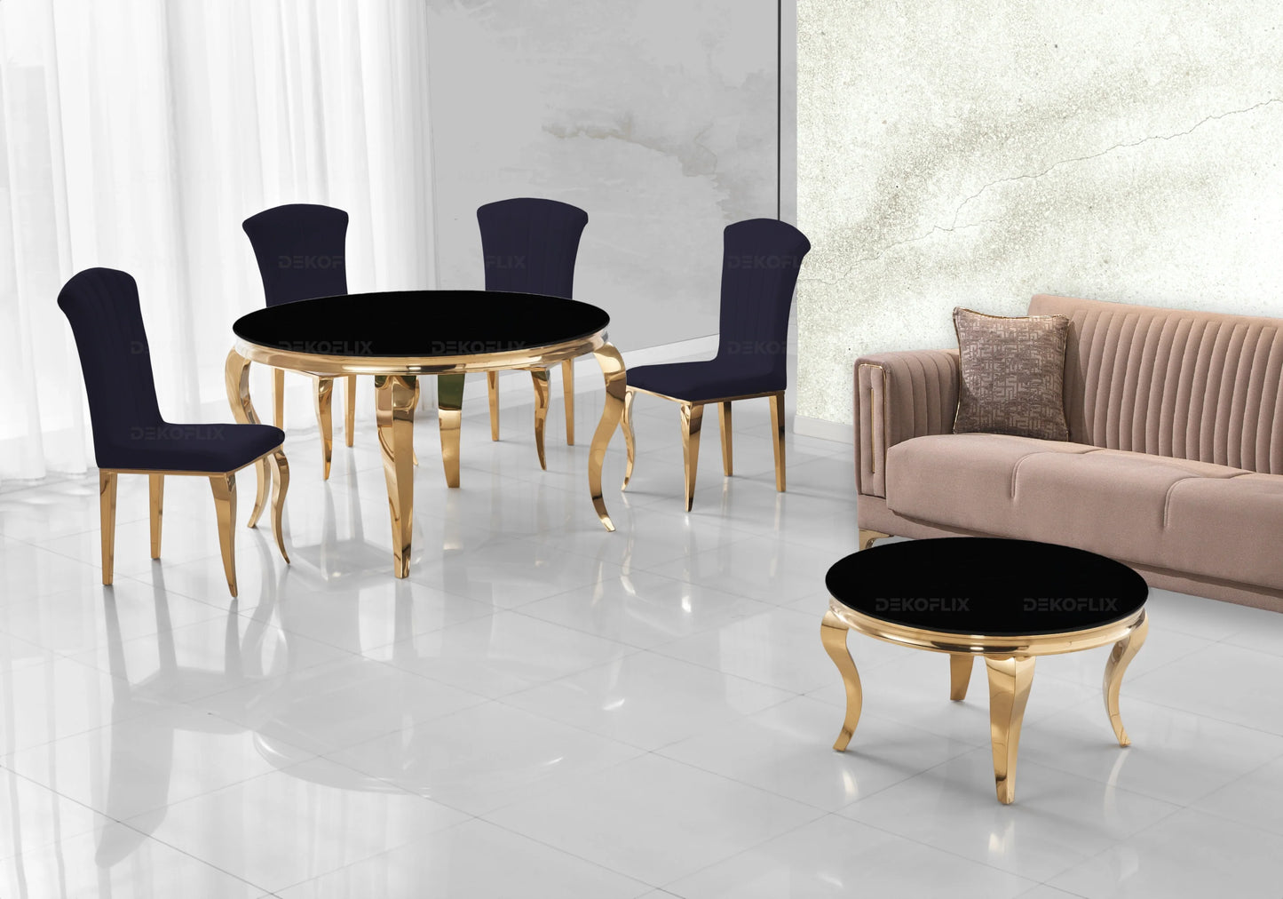 Ensemble salle à manger ronde verre noir et or – Galerie du Mobilier