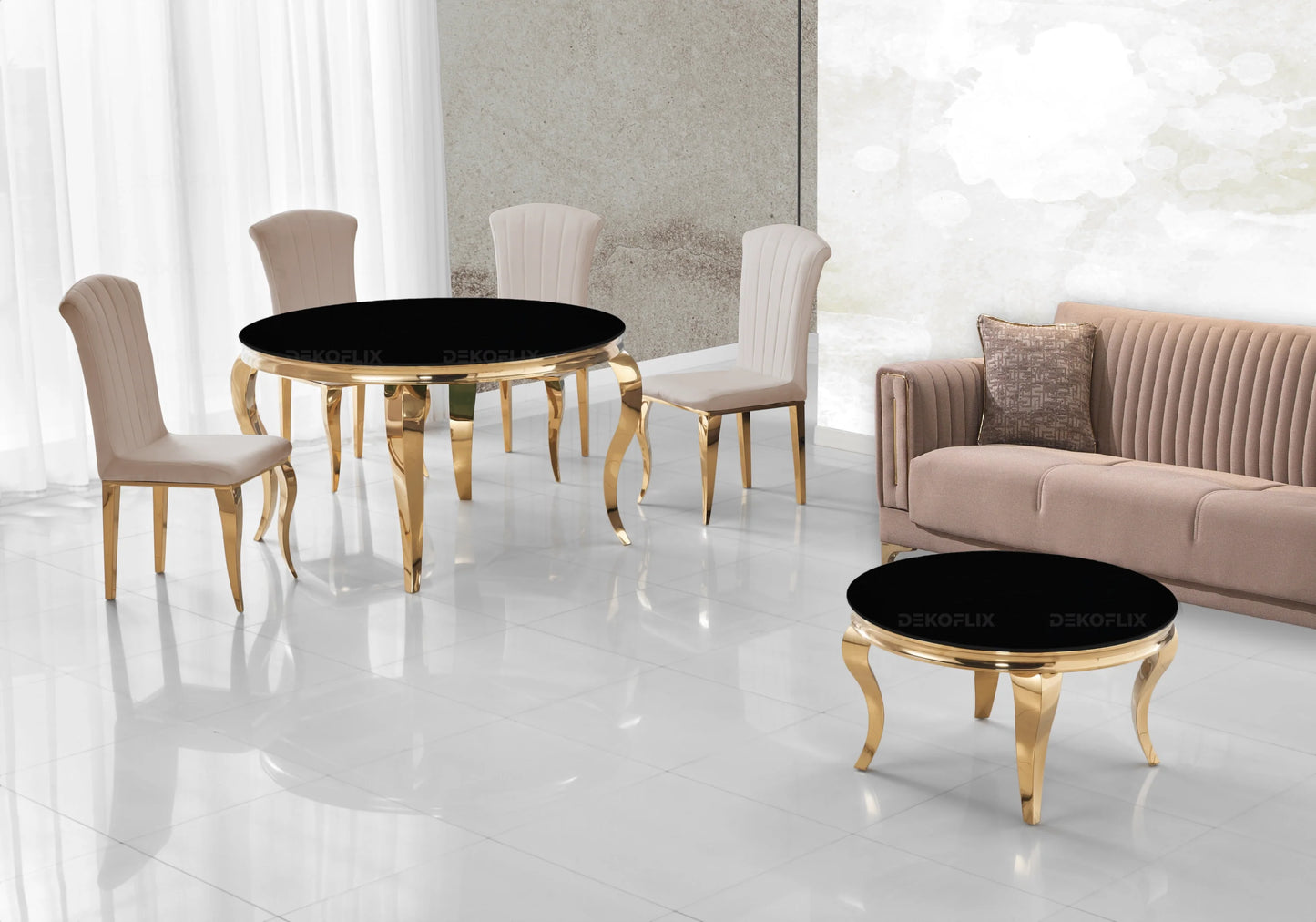Ensemble salle à manger ronde verre noir et or – Galerie du Mobilier