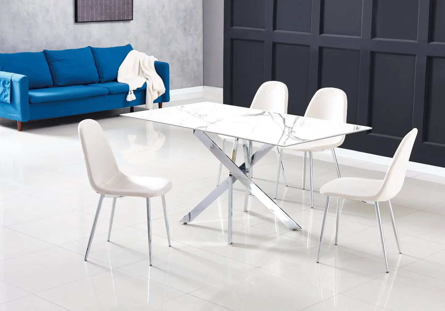Table à manger argentée marbre blanc - Joy – Galerie du Mobilier