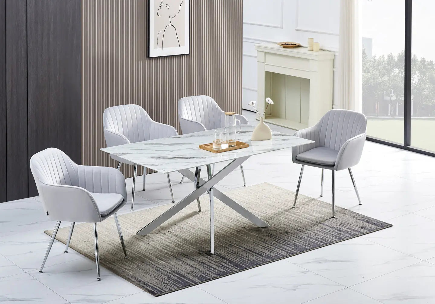 Table à manger argentée marbre blanc - Joy – Galerie du Mobilier