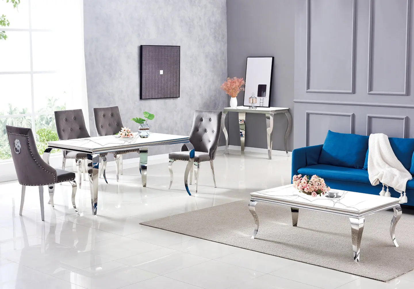Table à manger argentée marbre blanc BAROQUE Galerie du Mobilier