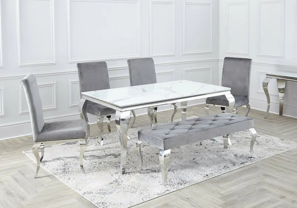 Table à manger argentée marbre blanc BAROQUE Galerie du Mobilier