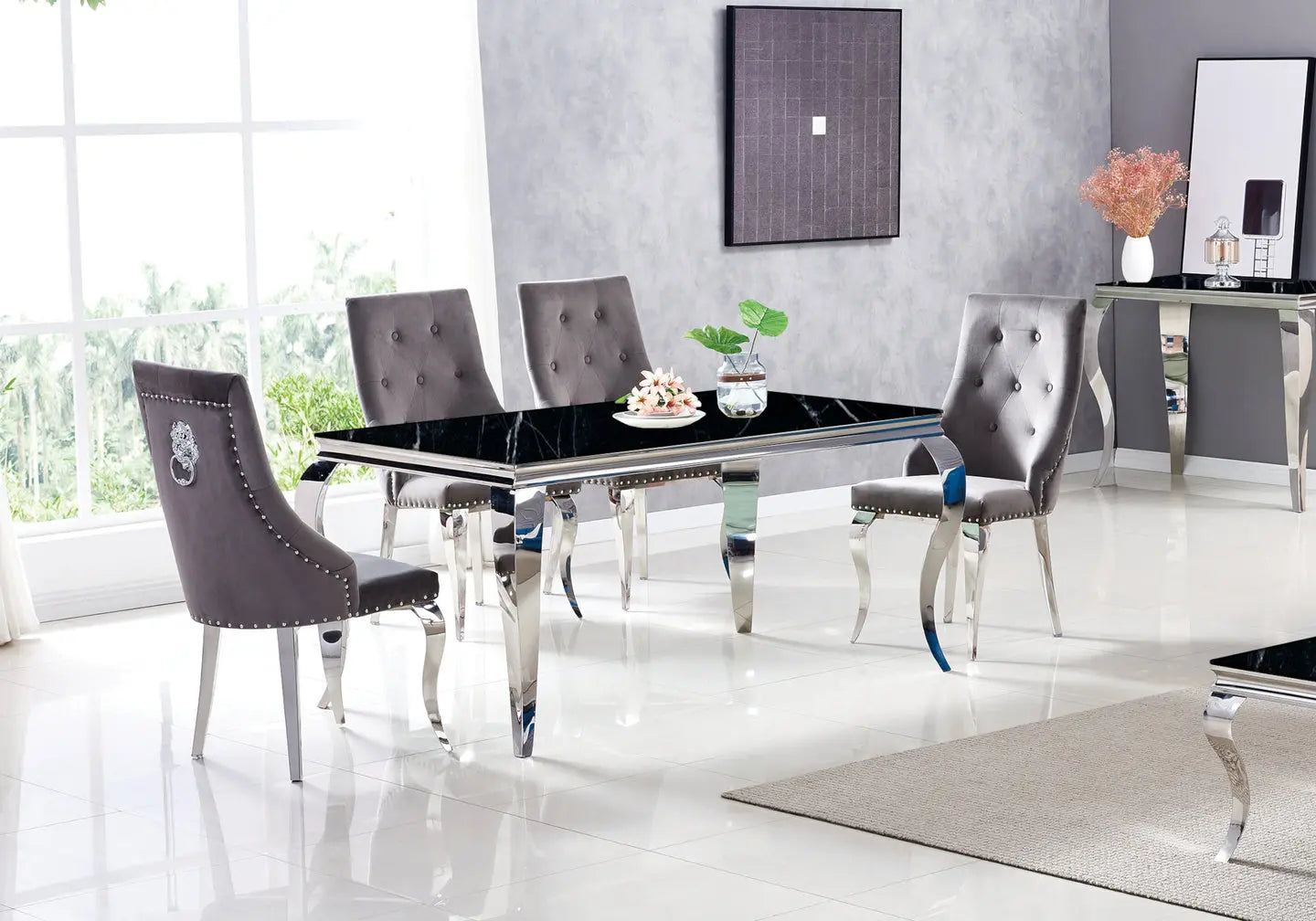 Table à manger argentée marbre noir BAROQUE Galerie du Mobilier