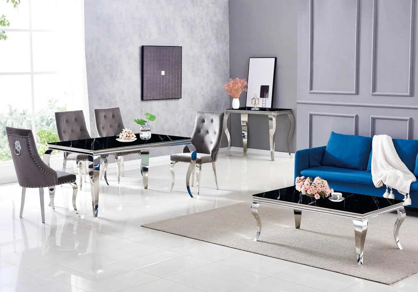 Table à manger argentée marbre noir BAROQUE Galerie du Mobilier