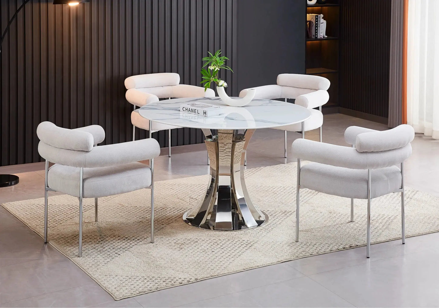 Table à manger chrome céramique marbre blanc – Galerie du Mobilier