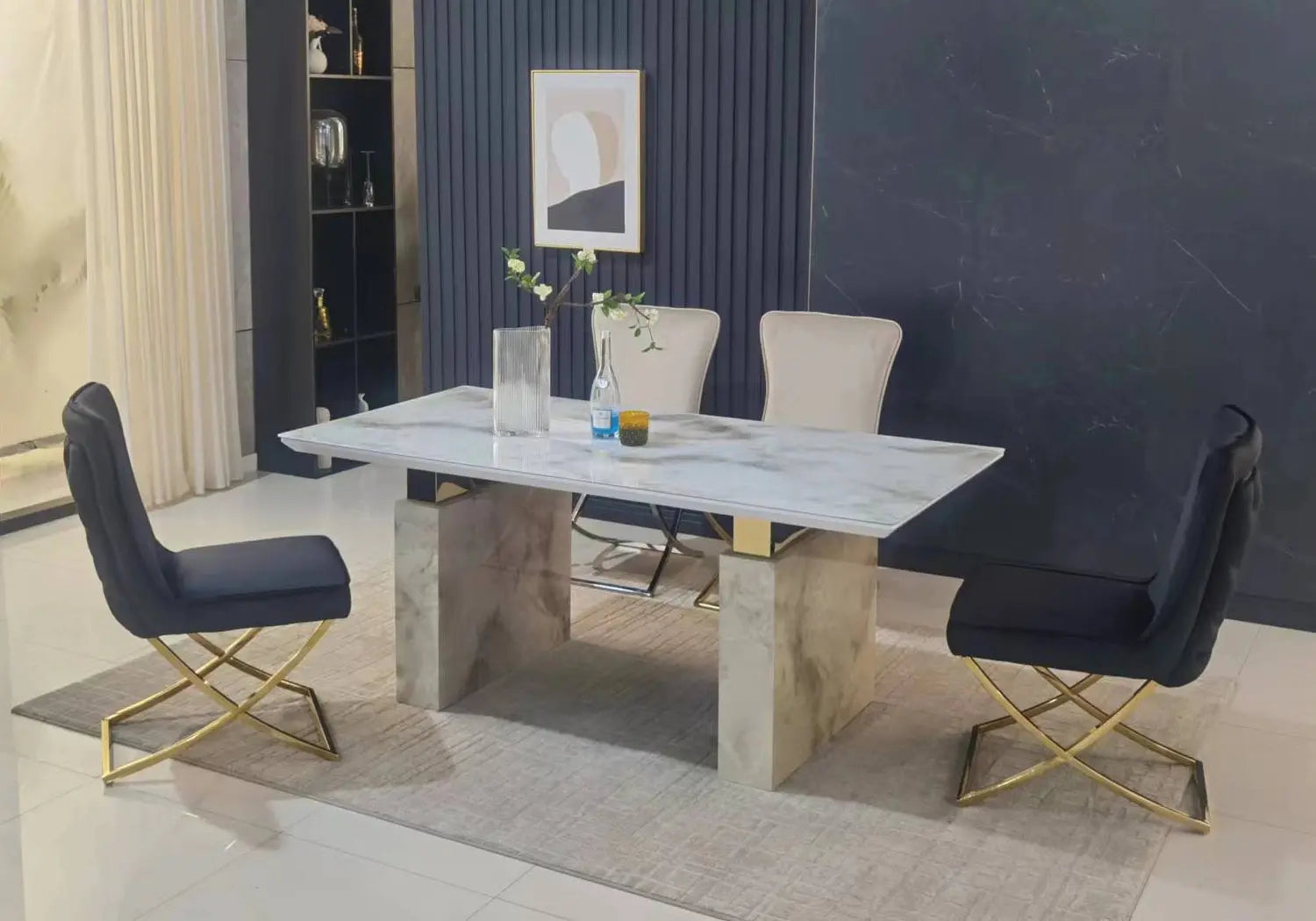 Table à manger dorée marbre beige KAIS - Galerie du Mobilier