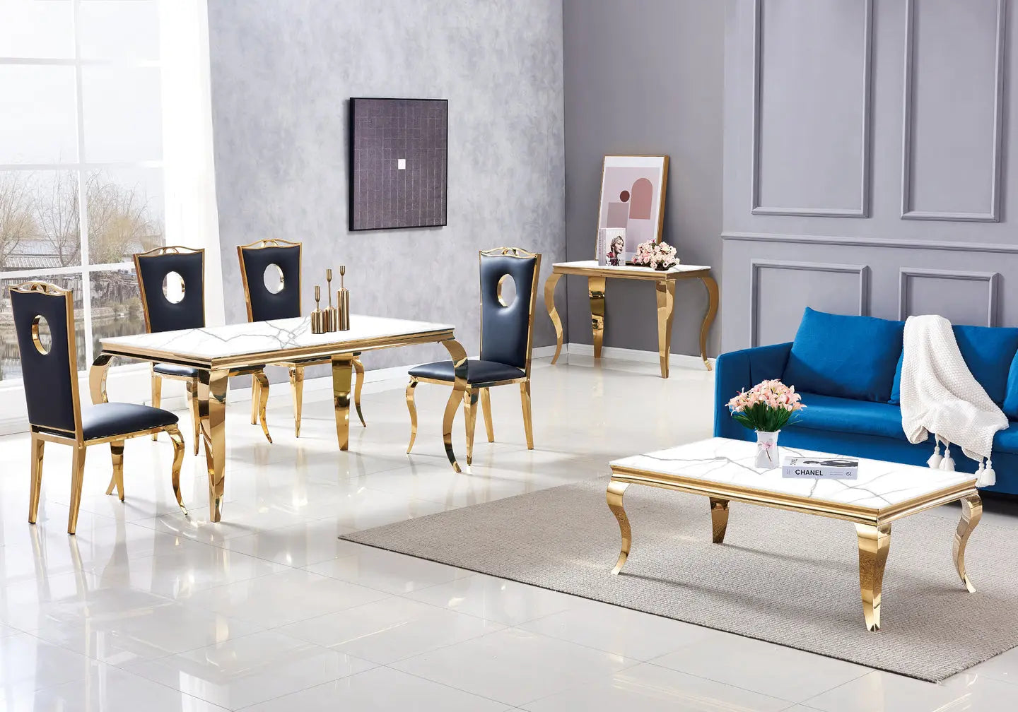 Table à manger dorée marbre blanc BAROQUE Galerie du Mobilier