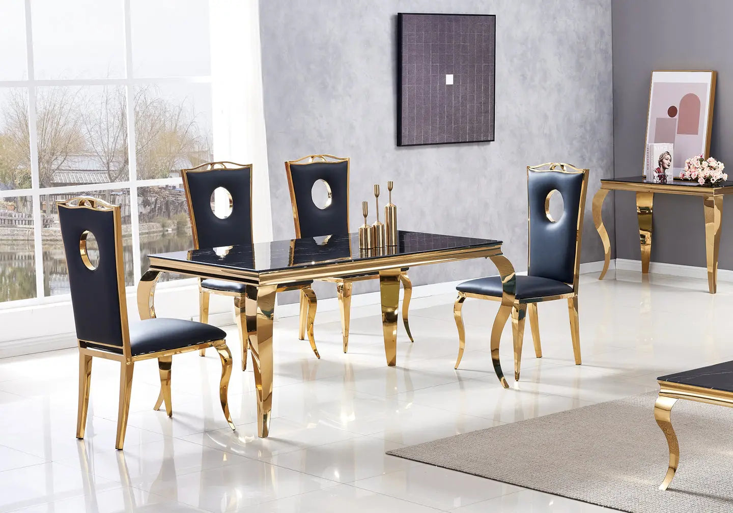 Table à manger dorée marbre noir BAROQUE Galerie du Mobilier