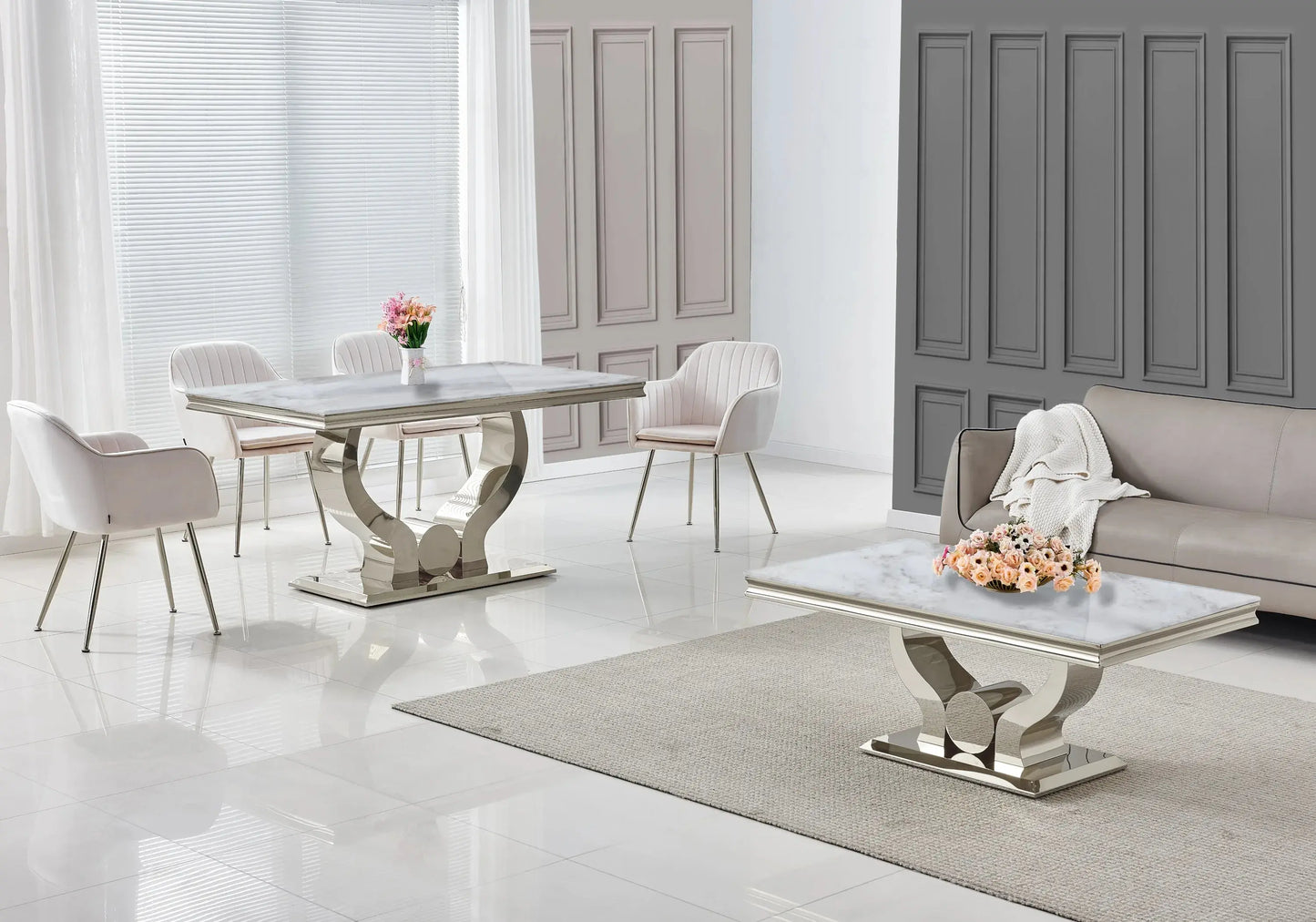Table à manger marbre beige pieds métal argent TROPHEE Galerie du Mobilier