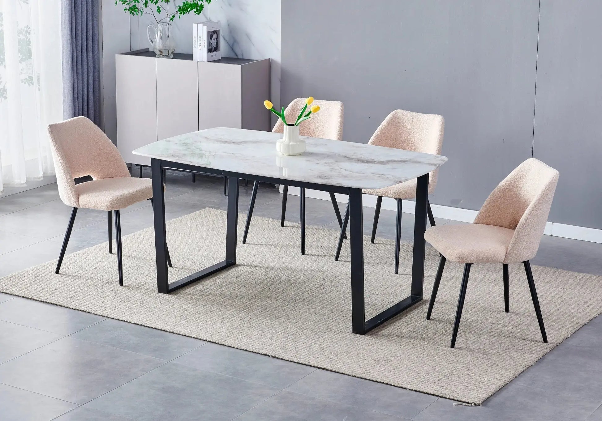 Table à manger noire marbre beige LOLA - Galerie du Mobilier