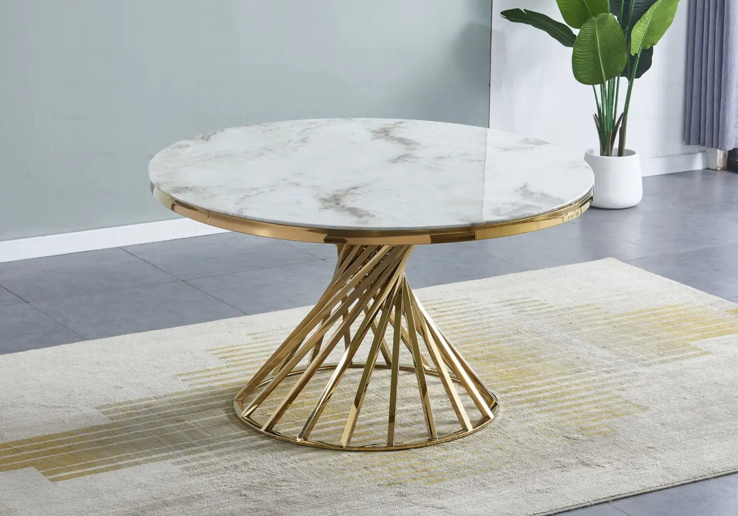 Table à manger ronde marbre beige doré – Galerie du Mobilier - Vue 1
