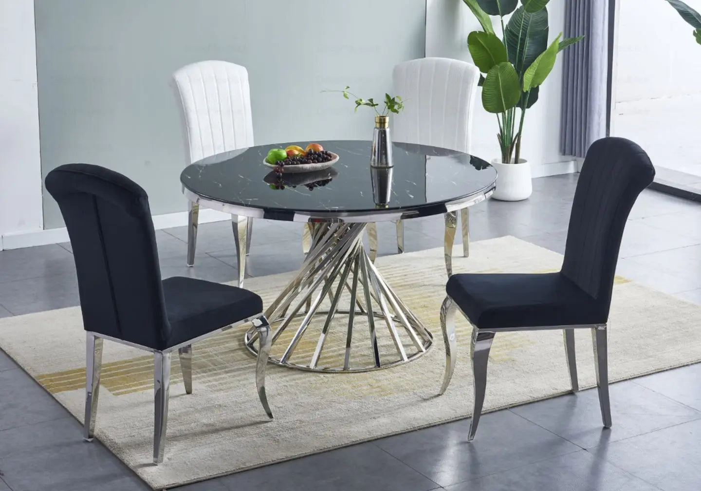 Table à manger ronde marbre noir argent – Galerie du Mobilier - Vue 1