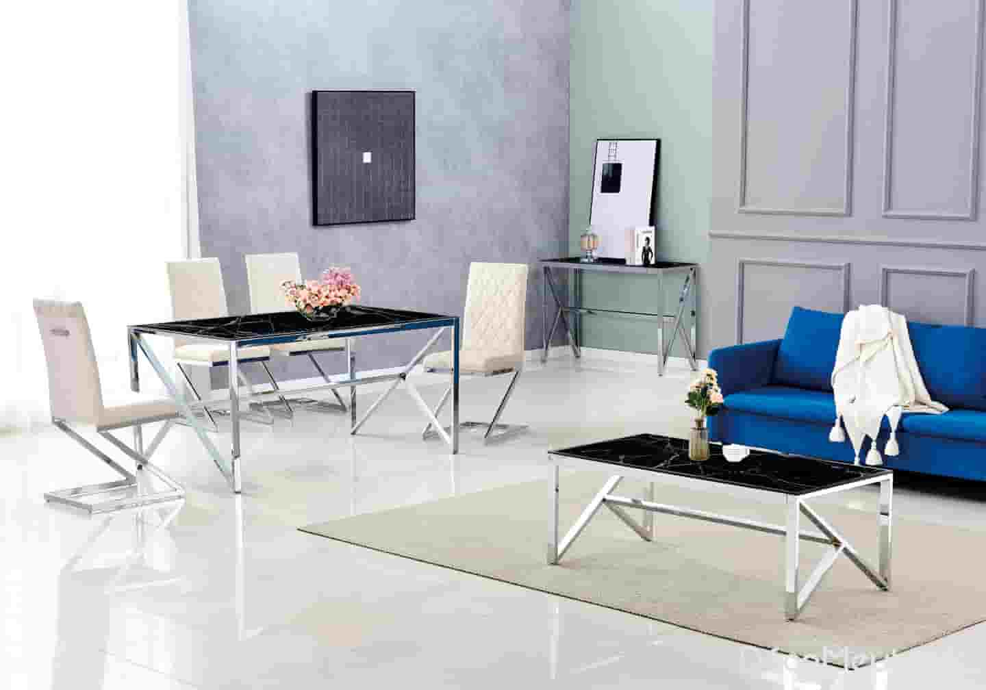 Table basse argent marbre beige NIHAL - Galerie du Mobilier