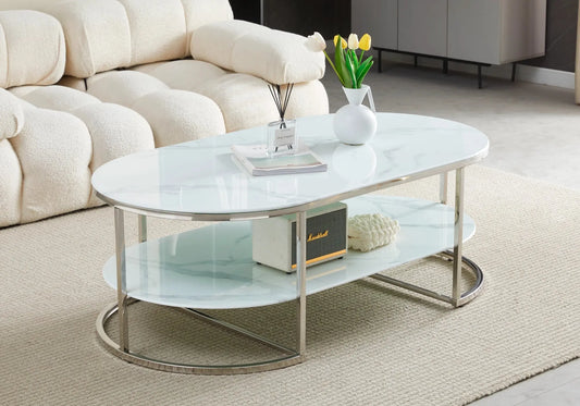 Table basse argent marbre blanc LEILA - Galerie du Mobilier