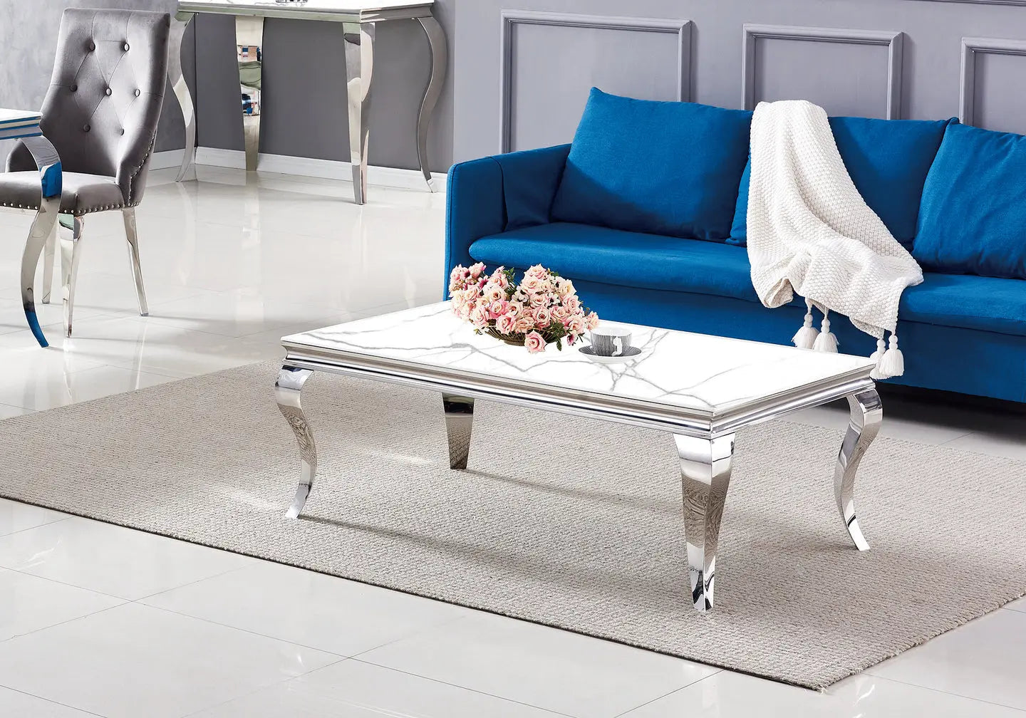 Table basse argentée marbre blanc BAROQUE Galerie du Mobilier