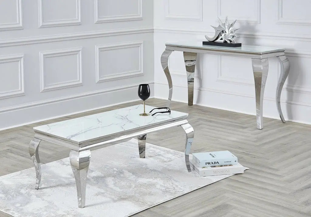 Table basse argentée marbre blanc BAROQUE Galerie du Mobilier