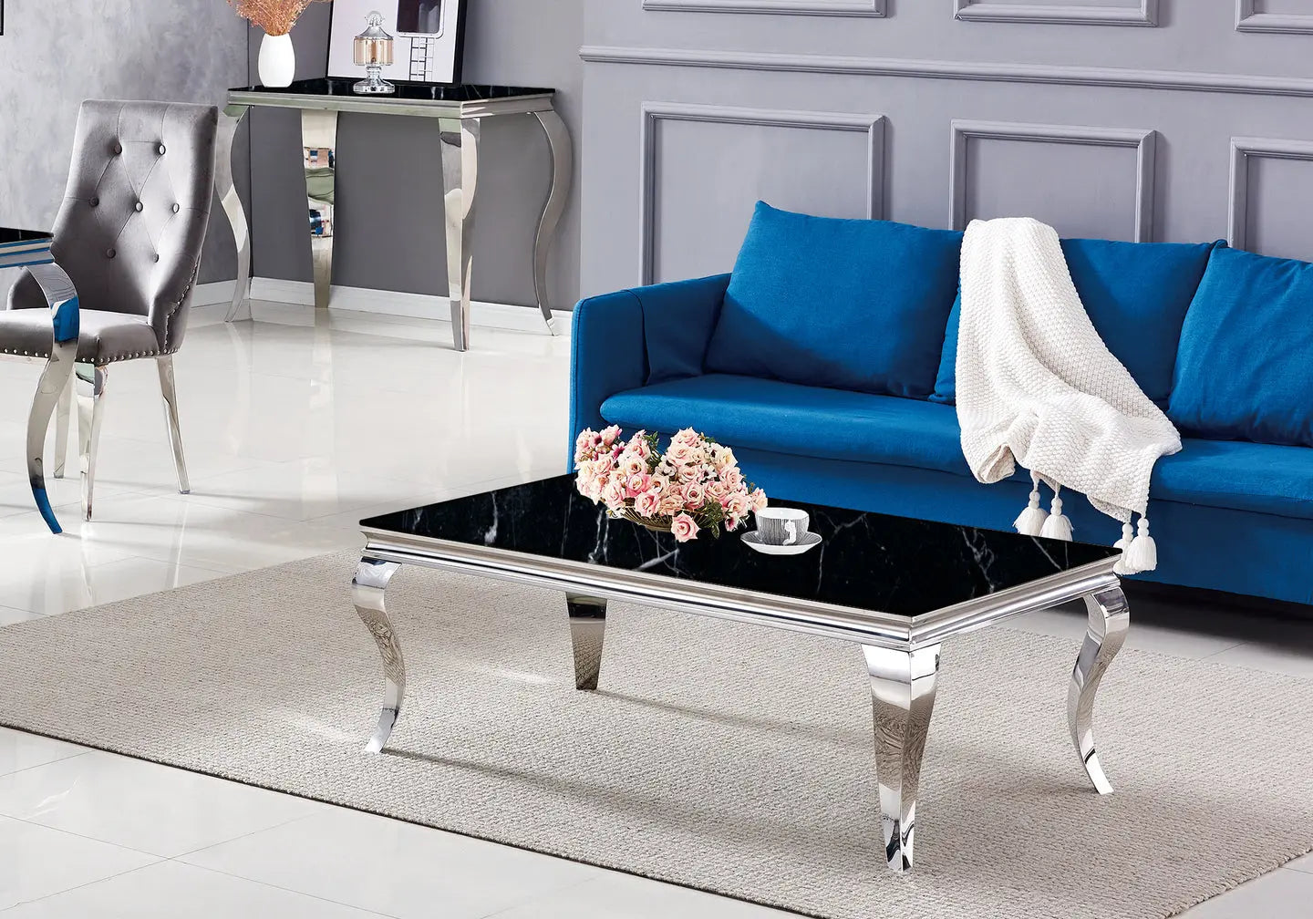 Table basse argentée marbre noir BAROQUE Galerie du Mobilier