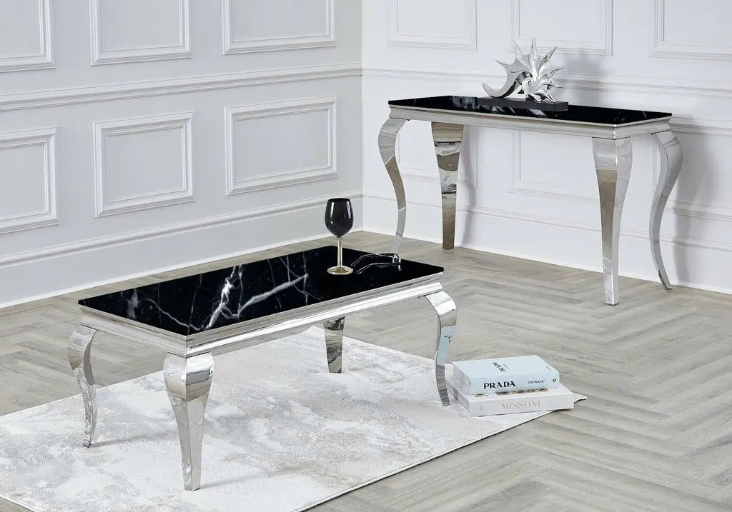 Table basse argentée marbre noir BAROQUE Galerie du Mobilier