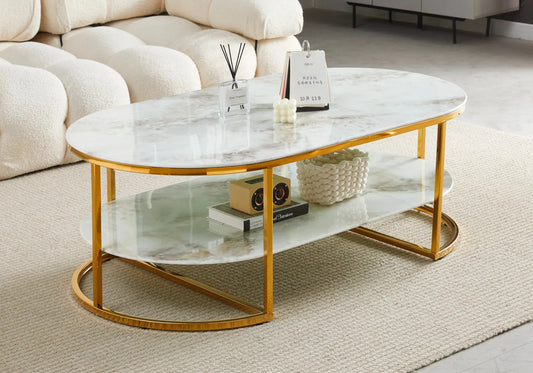 Table basse dorée marbre beige LEILA - Galerie du Mobilier